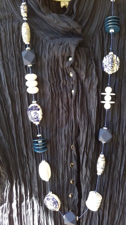 Navy Blue and White ceramic bead medium length necklace